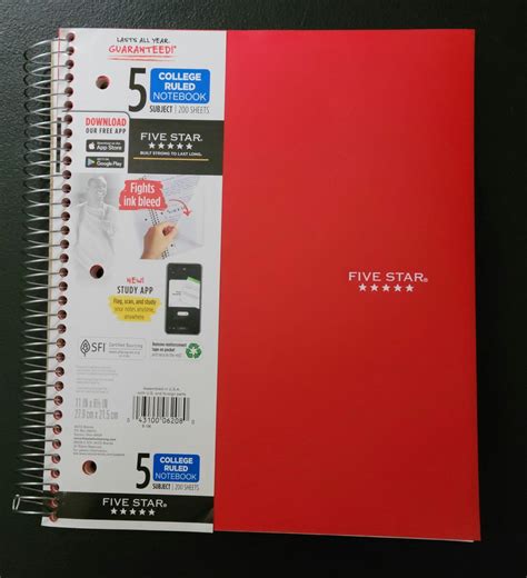 Five Star Notebook, College Rule, 3-hole Punch, 5 Subject, 200 Sheets ...