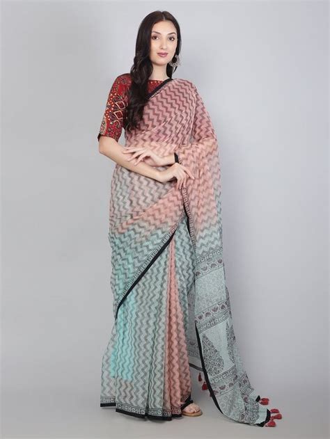Buy White Hand Block Printed Cotton Mulmul Saree | PAL.SAR.COT.075 ...