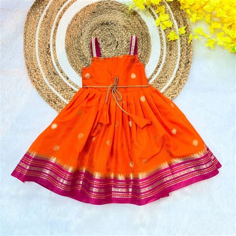 Orange and Pink Banarasi Silk Frock – Amutham Fashions