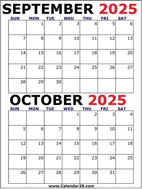 September and October 2025 Calendar - Two Months Per Page - Calendar20.com