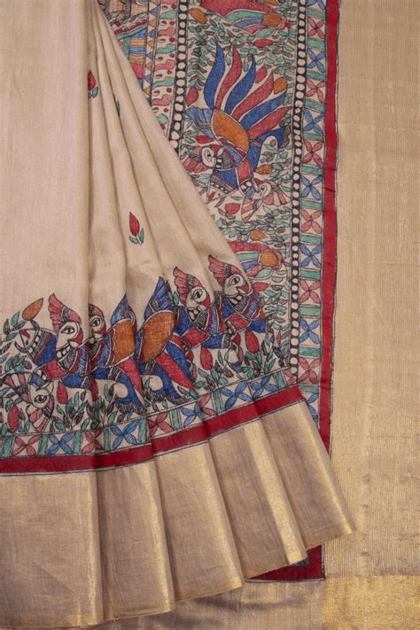 Beige Hand Painted Madhubani Tussar Silk Saree 10072732 – Avishya.com