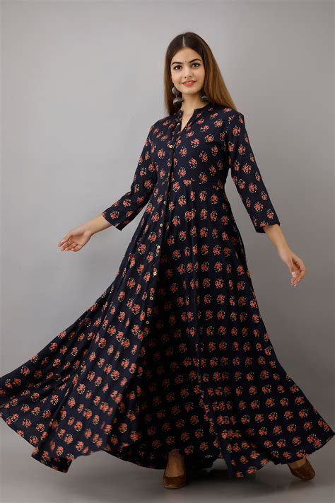 Jaipurite Long Flared Printed Kurta in Dark Blue – Jaipurite corporation