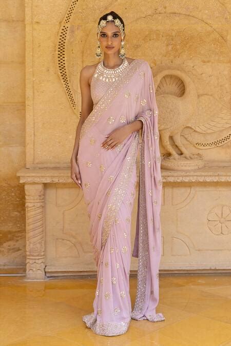 Buy Pink Georgette Hand Embroidered Mirror Halter Work Pre-draped Saree ...