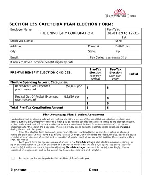 Section 125 Cafeteria Plan Election Form - Blank Fillable Template ...