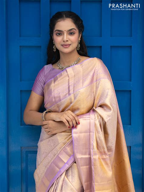 Pure kanchipuram tissue silk saree dual shade of gold and lavender sha ...