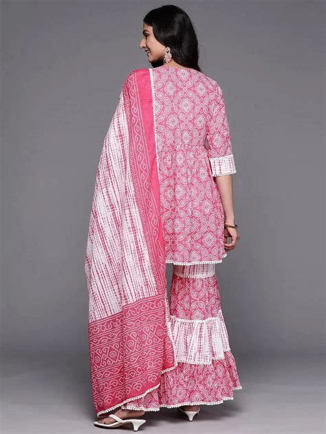 Buy Pink Printed Cotton Anarkali Kurti With Sharara & Dupatta Online at ...