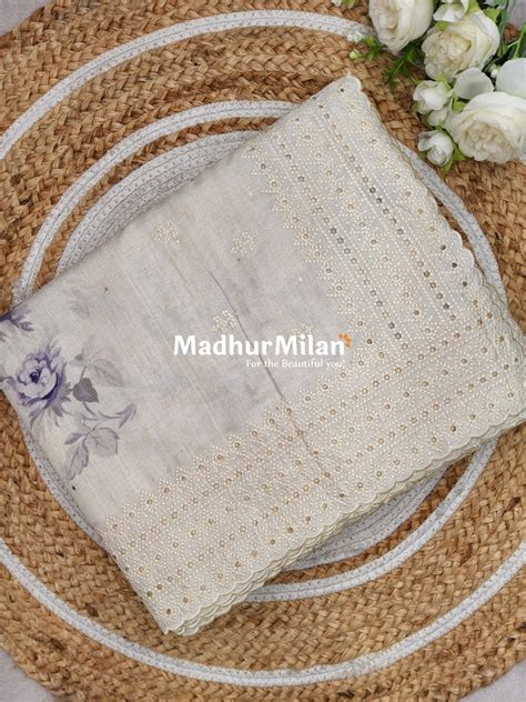 FLORAL PRINTED BORDER EMBRIODERY SEMI TUSSER SAREE DUSTY PURPLE ...