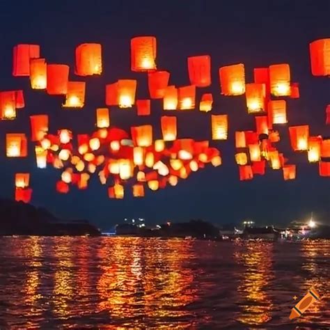 Japanese floating lanterns lighting up the night sky on Craiyon
