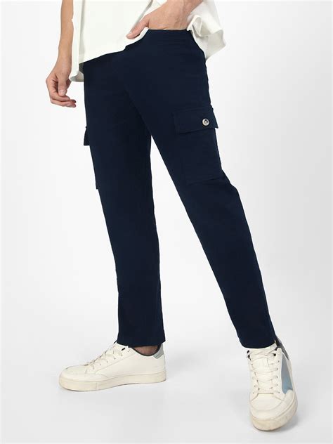 Men's Navy Regular Fit Solid Cargo Chino Pant with 6 Pockets Stretchab ...