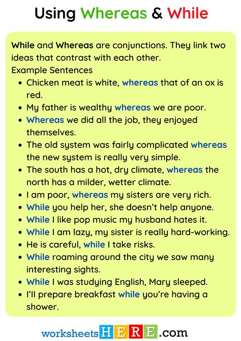 Using Whereas and While Definition and Example Sentences PDF Worksheet For Students ...
