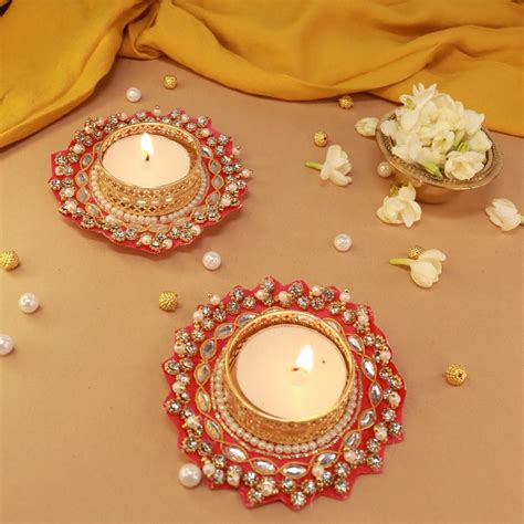 Festive Pearl & Kundan Studded Diyas with tealights - Set of 2