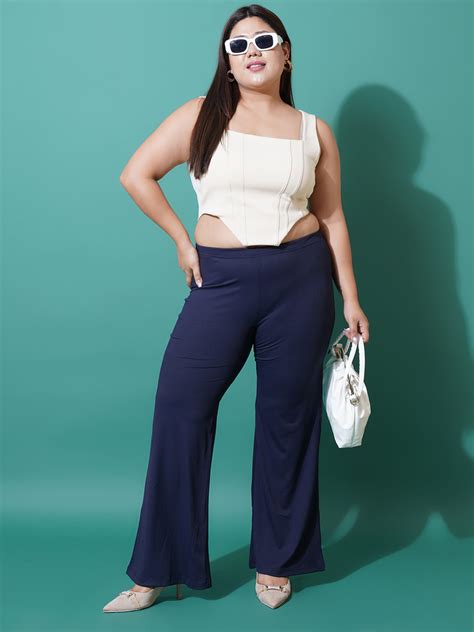 U&F Beyond Women Plus Size Navy Blue Slim fit Bell Bottom Trousers