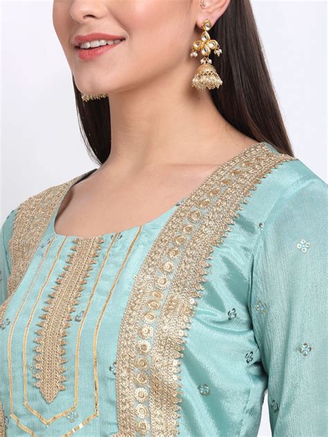 Ocean Blue Embroidered Gotta Short Kurti with Kalidaar Palazzo and Seq ...