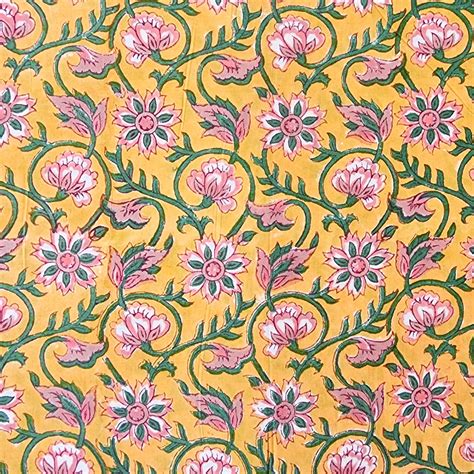 (PRE-CUT 1.40 METER) Pure Cotton Jaipuri Mustard Yellow With Peach Flo ...