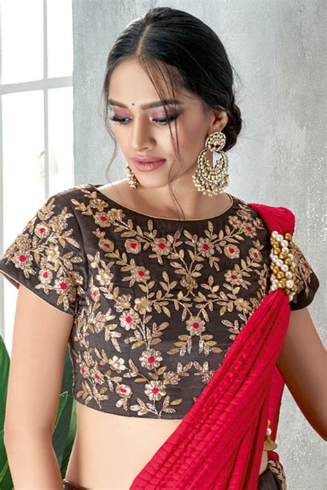 Red Crush Silk Embroidered Ready to wear Saree with Stitched Blouse