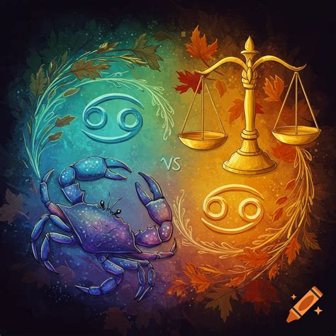 The Cancer and Libra zodiac signs are represented with a crab, scales, symbols, and 'VS' text ...