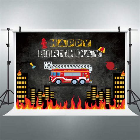 Buy Riyidecor Firetruck Backdrop 7x5 Feet Black Red Cartoon Fireman ...