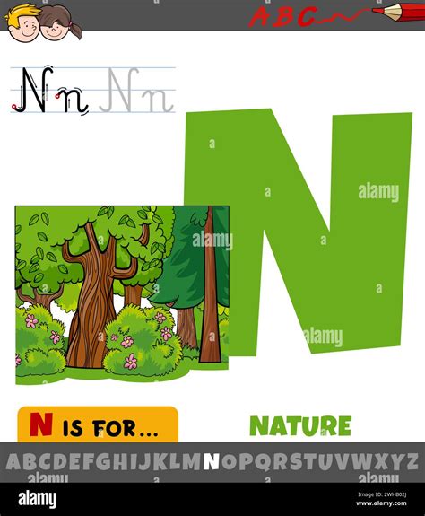 Educational cartoon illustration of letter N from alphabet with nature ...