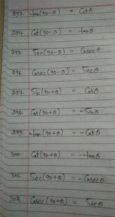 Sin (0+0) = cos[90+0] =cosec [90+0) sec [90+0] =Tan 90 +0] =Cor[90+0 ...