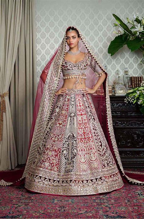 Red & Wine Stone Embroidered Lehenga Set – Manish Malhotra