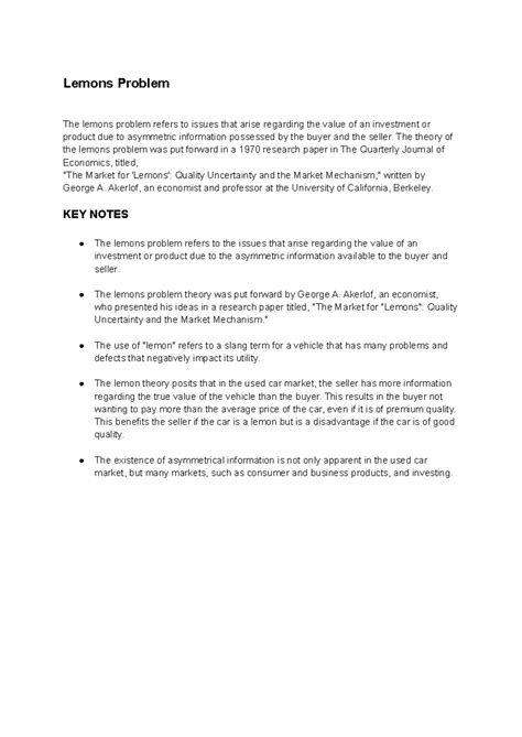 Lemons Problem - Micro economics study material - Lemons Problem The ...