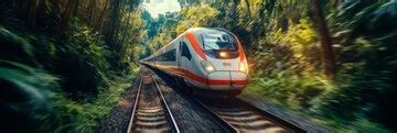 A modern highspeed train speeds through a dense rainforest showcasing ...