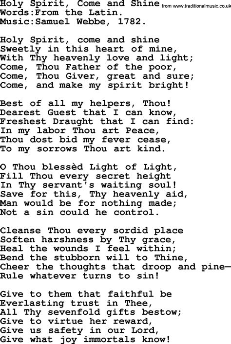 Pentecost Hymns, Song: Holy Spirit, Come And Shine - lyrics and PDF