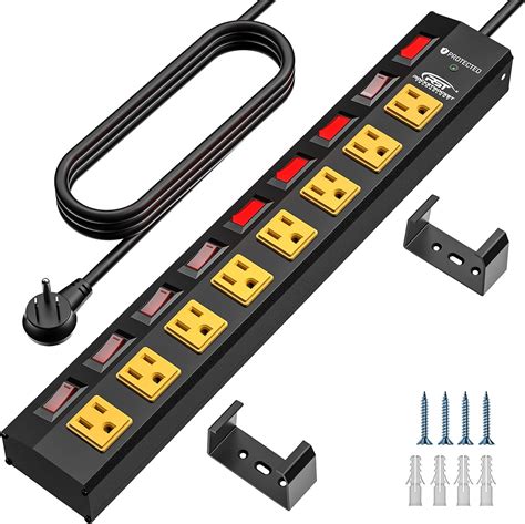 CRST 8-Outlet Wide Metal Surge Protector Power Strip - Individual Swit ...
