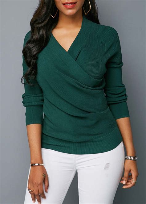 V Neck Dark Green Pullover Drop Shoulder Sweater | Rotita.com - USD $27 ...