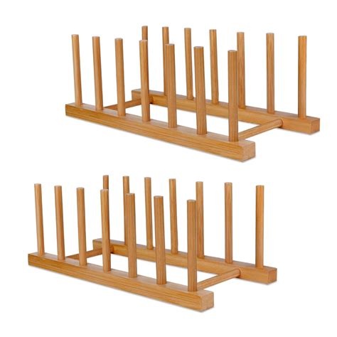 SAMEBUTECO Bamboo Wooden Plate Racks Dish Stand Holder Vertical Drainer ...