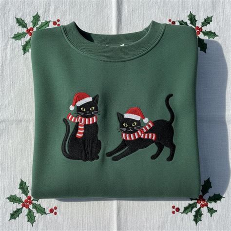 Christmas Black Cats Embroidered Sweatshirt, Funny Feline Santa Hat ...