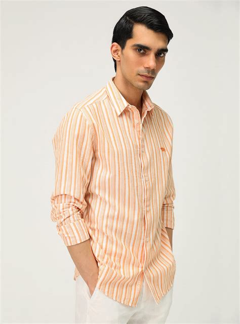 Mandarin Stripe Shirt Casual Orange Stripe Shirt for Men Online | Andamen