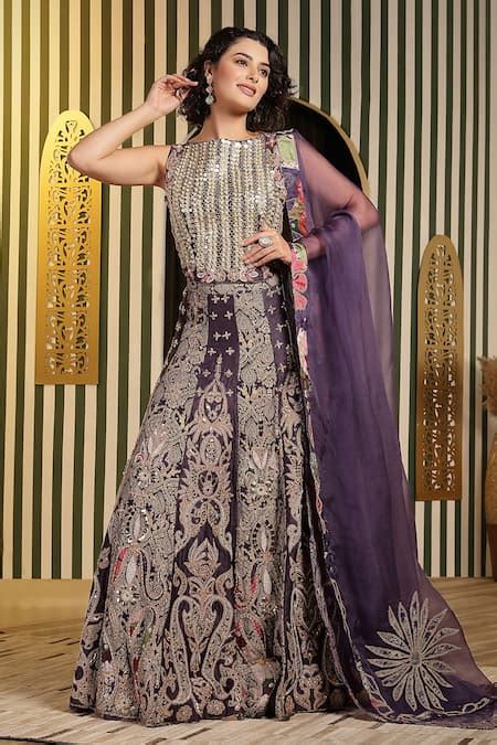 Buy Purple Chanderi Silk Embellished Dori Boat Neck Lehenga Set For ...