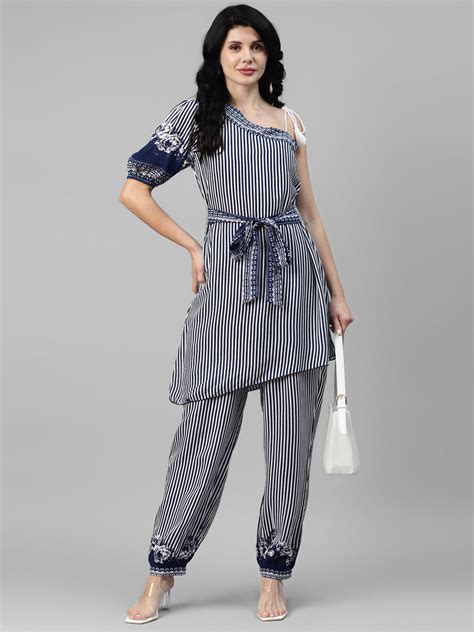 Blue Striped Viscose Rayon Women's Co-Ord Set