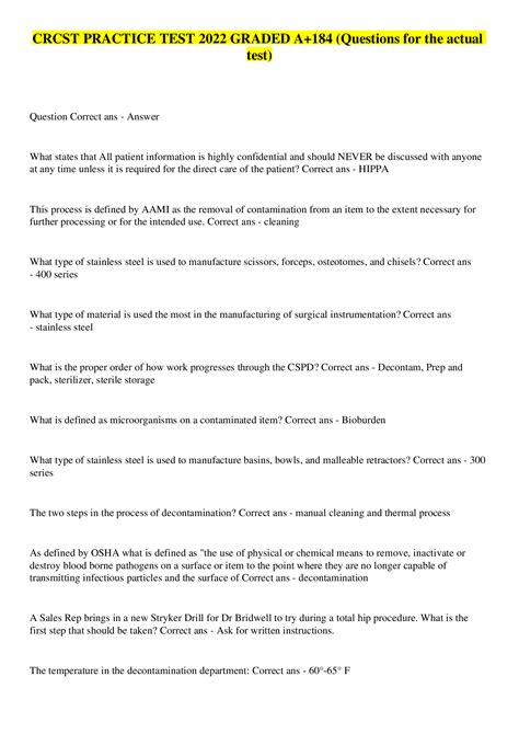 CRCST PRACTICE TEST 2022 GRADED A+184 (Questions for the actual test ...