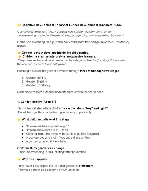 Cognitive Development Theory of Gender (Kohlberg, 1966) Overview - Studocu