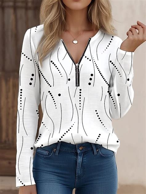 Women's T Shirt Quarter Zip Long Sleeve Casual Graphic Polka Dot ...
