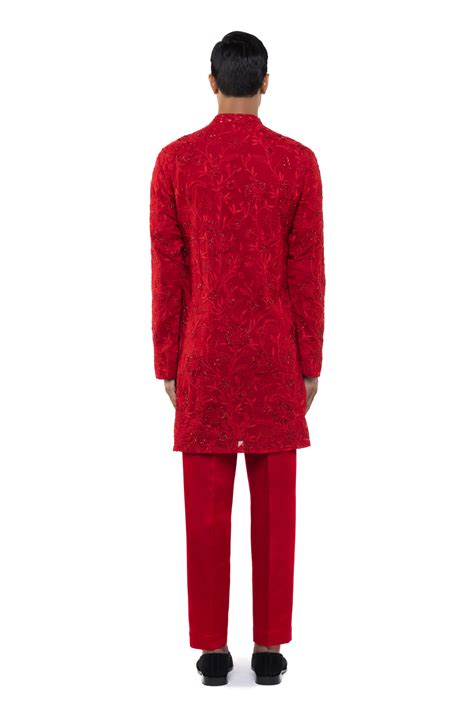 Red Georgette Floral Embroidery Kurta Set - SDS I KUSHAL SHAH