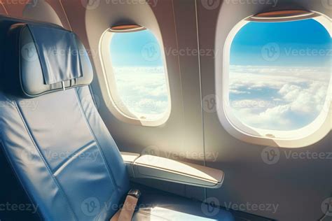 Economy class airplane window. Airplane interior with relaxing window ...