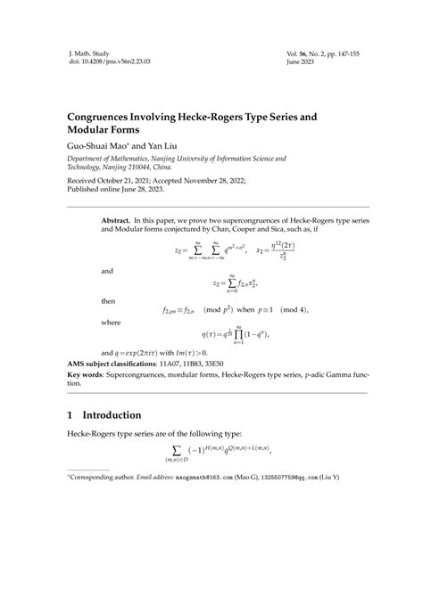 Global Science Press: Congruences Involving Hecke-Rogers Type Series ...