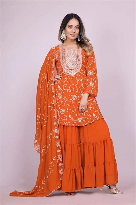 Women's Fox Georgette fabric Embroidery work Kurta with Sharara and ...