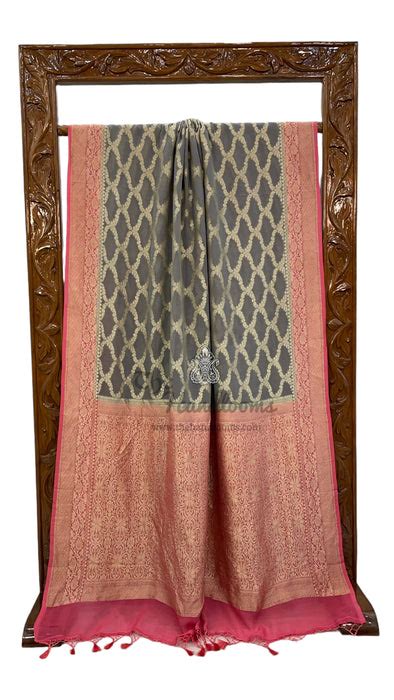 Grey Khaddi Georgette Handloom Banarasi Saree — The Handlooms