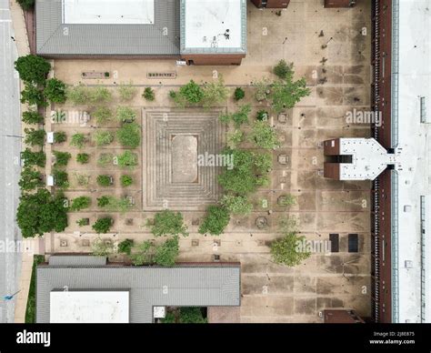 Aerial view of courtyard at St. Louis Community College Forest Park designed by Harry Weese ...