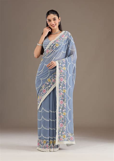 Buy Grey Thread Work Tissue Saree - Koskii