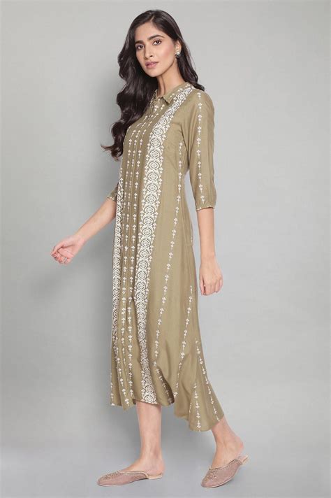 Buy Olive Green A-Line long Dress @ 1999 | W for woman – wforwoman