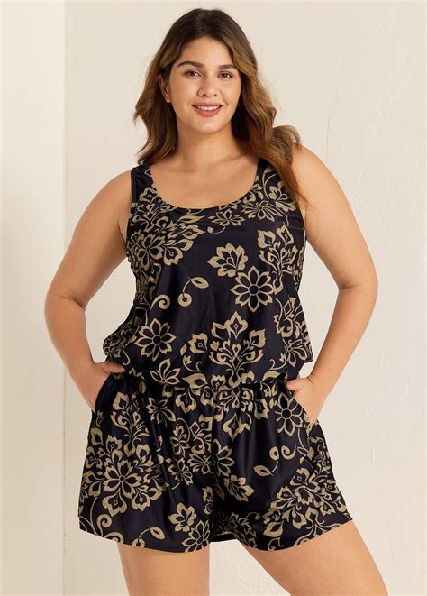 LILYEASE Black Print Wide Strap Pocket Plus Size One Piece Swimsuit ...