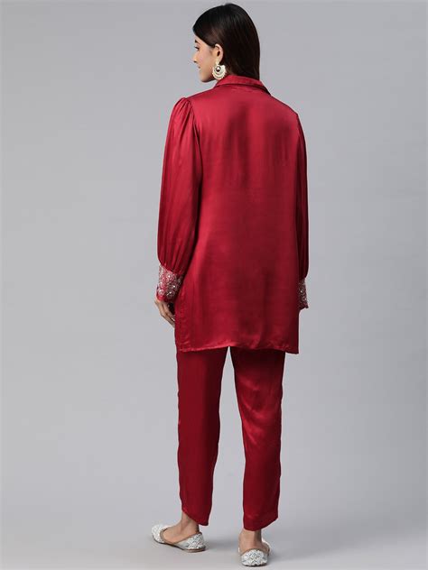 Shirt Style Silk Fabric Maroon Color Beads & Cut Dana Work Kurta And B ...