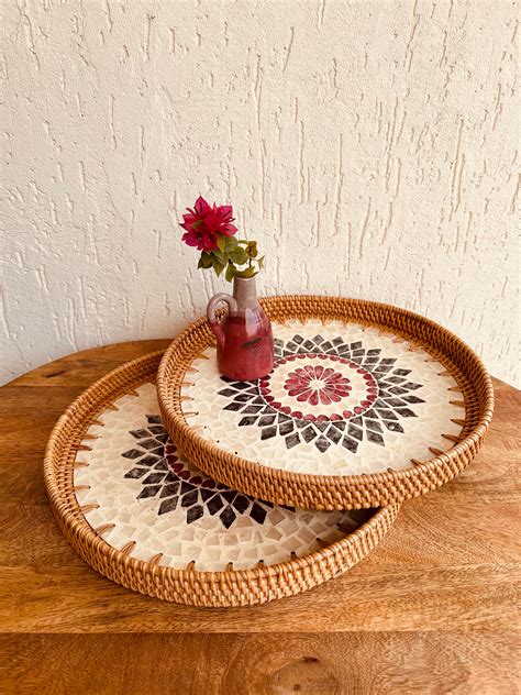 Mandala Designer Mother Of Pearl Rattan Tray