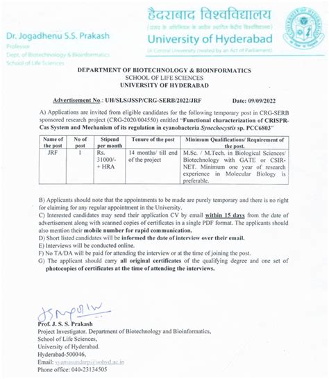 UoH Hyderabad Molecular Biology JRF Vacancy in CRG-SERB Project