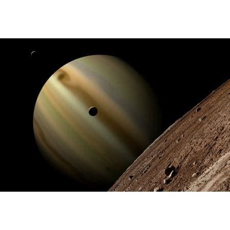 A giant of a moon appears before a giant of a planet undergoing seasonal changes in this natural col